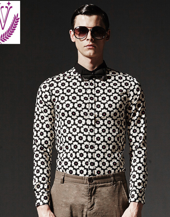 每購EASCO 2015年新款秋冬新款專柜產品 英式時尚梅花印花修身型男長袖襯衫 黑色 XXL